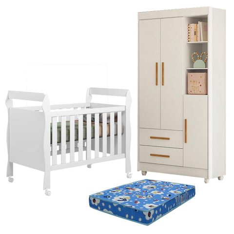 Berço Americano Soninho com Guarda Roupa Flocos Branco Acetinado Colchão Americano Ortobom - Tigus