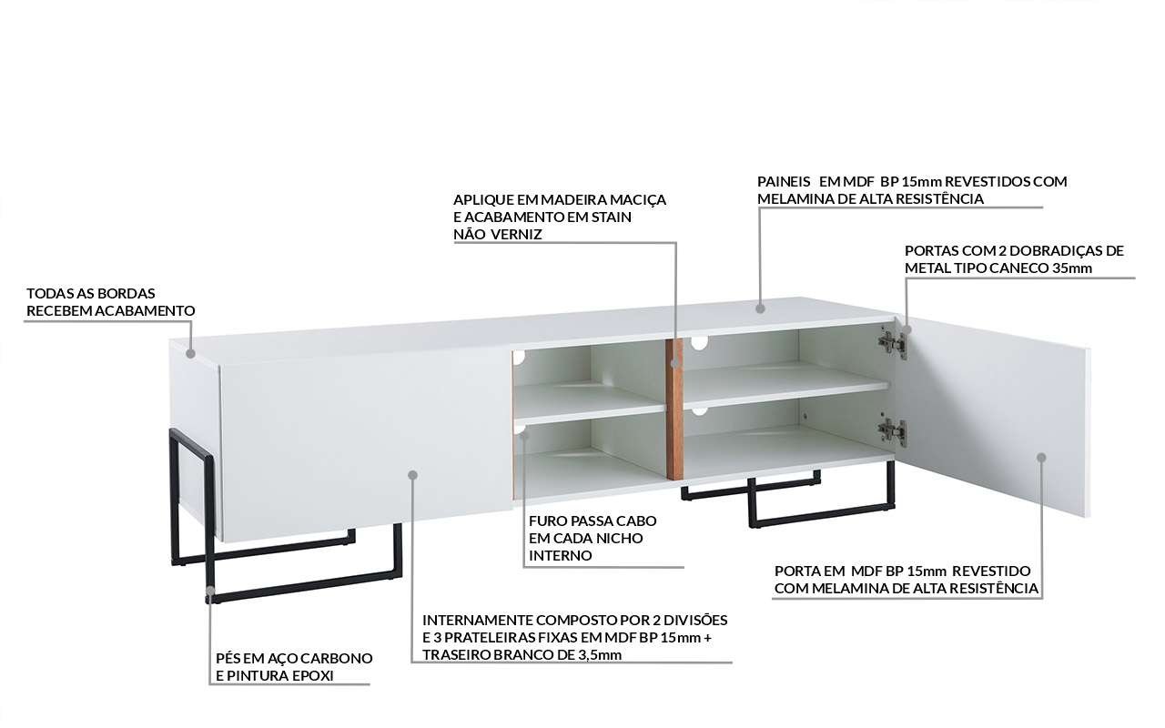 RACK PARA TV BRANCO PÉS DE METAL E 2 PORTAS BRANCAS CROSBY 160x43,6x48,5 CM - 3