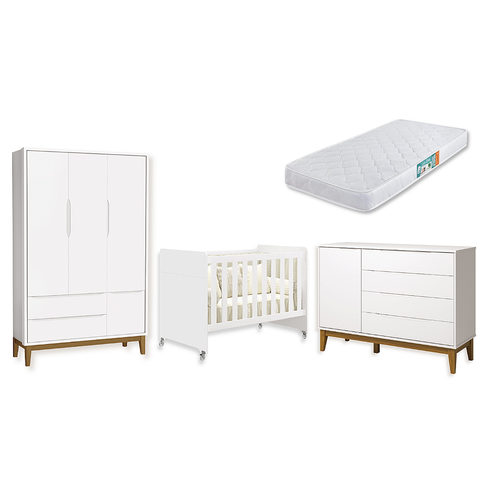 Quarto de Bebê Berço Evolution + Guarda Roupa 3 Portas + Cômoda Sapateira Elfe Branco com Colchão