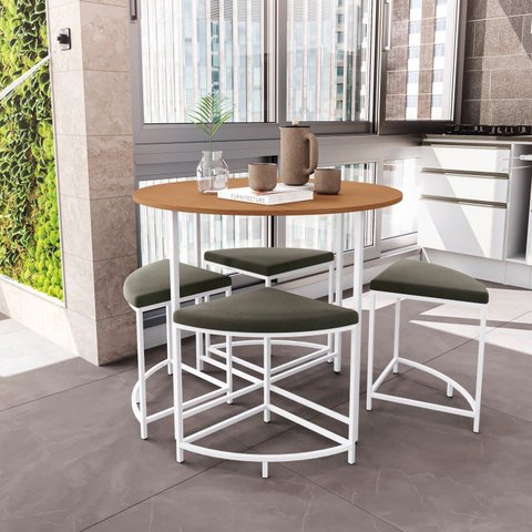Mesa de Jantar Tampo MDP Redondo 4 Bancos Estofados Marrom/Canela/Branco Brilho