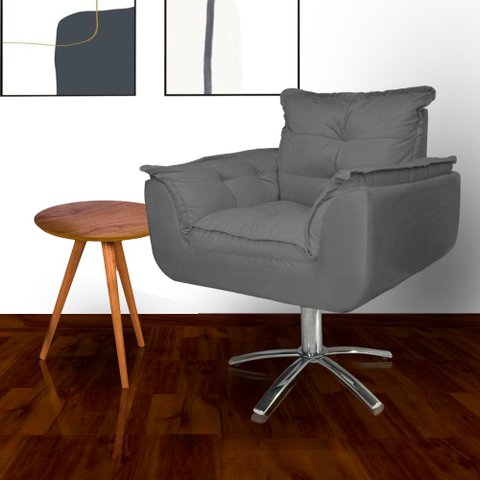Poltrona Decorativa Estofada Base Giratória de Metal Opala Suede Cinza - LM DECOR