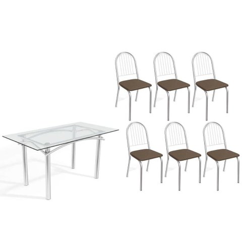 Sala de Jantar Completa Elba C/ Tampo de Vidro 150cm e 6 Cadeiras Noruega Cromada - Courano Marrom