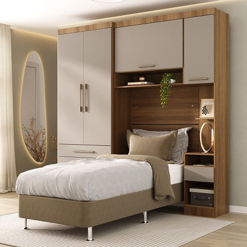 Quarto Modulado Solteiro com Guarda-roupas Maleiro e Cabeceira Paris Master Luciane Móveis