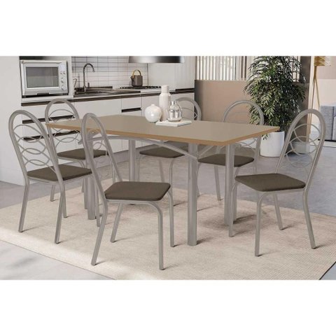 Sala de Jantar Completa Elba Tampo Madeirado C/ Vidro 160cm e 6 Cadeiras Holanda Niquel/freijo