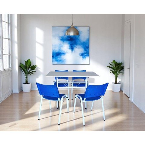 Jogo de Mesa Branca 120 com 4 Cadeiras Iso Azul para Refeitório Restaurante