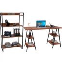 Ver imagem 1 de Kit Mesa Cavalete 150 cm com Estante 4 Prateleiras Estilo Industrial Form Nogal - Lyam Decor