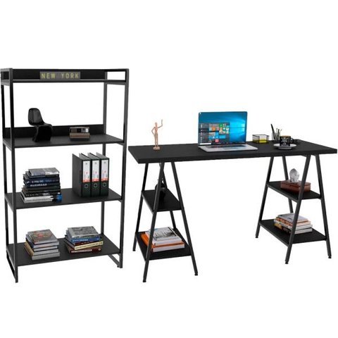 Kit Mesa Cavalete 150 cm com Estante 4 Prateleiras Estilo Industrial Form Preto Onix - Lyam Decor