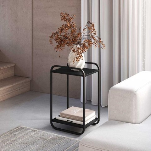 Mesa Lateral Sofa para Sala 40cm Orgânica Cantos Arredondados e Pés em Metal Cor:Nero com Preto