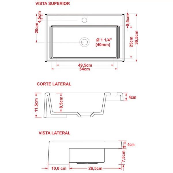 Cuba de Semi Encaixe Retangular Para Banheiro XRT55 Branco - Lyam Decor - 3