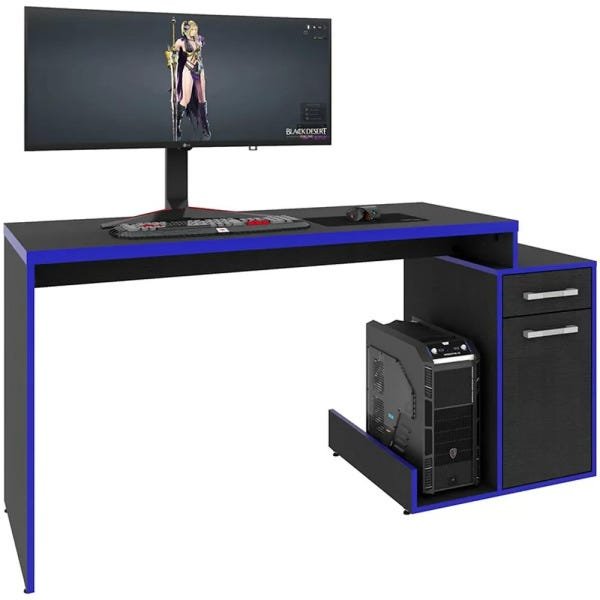 Mesa para Computador Notebook PC Gamer 1 Porta 1 Gaveta Shark Preto Azul - Lyam Decor - 3