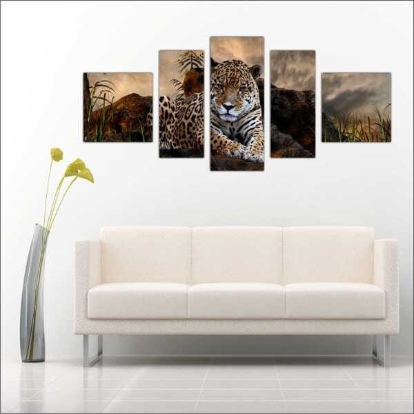 Quadro Decorativo Animais Leopardo Salas Interiores Mosaico 5 Peças Com Moldura - 5