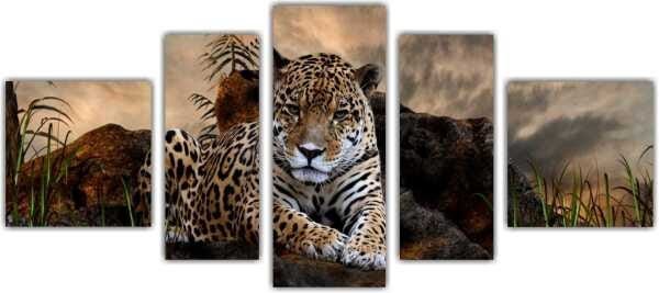 Quadro Decorativo Animais Leopardo Salas Interiores Mosaico 5 Peças Com Moldura - 1