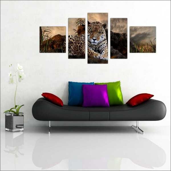 Quadro Decorativo Animais Leopardo Salas Interiores Mosaico 5 Peças Com Moldura - 2