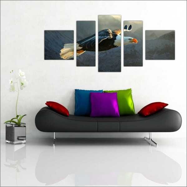 Quadro Decorativo Animais Ave Águia Salas Interiores Mosaico 5 Peças Com Moldura - 1