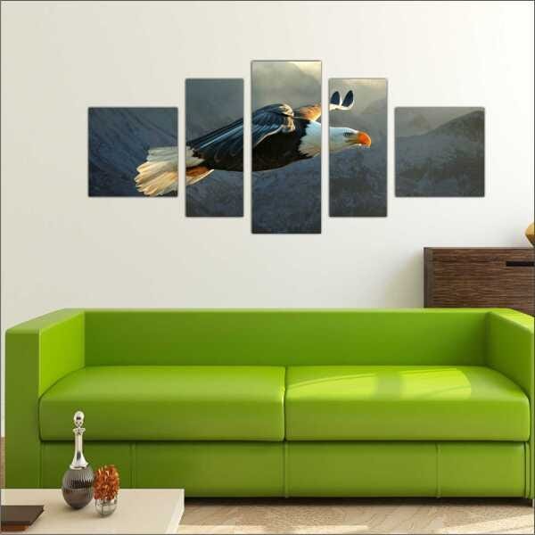 Quadro Decorativo Animais Ave Águia Salas Interiores Mosaico 5 Peças Com Moldura - 3