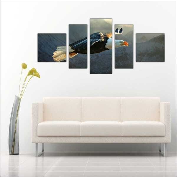 Quadro Decorativo Animais Ave Águia Salas Interiores Mosaico 5 Peças Com Moldura - 2