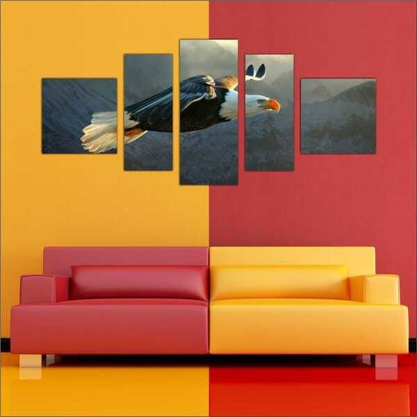Quadro Decorativo Animais Ave Águia Salas Interiores Mosaico 5 Peças Com Moldura - 4