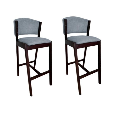 Kit 2 Banquetas Altas de Madeira Maciça Ana em Linho Premium Cinza Linho Castanho