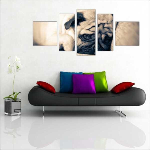 Quadro Decorativo Animais Cão Pug PetShop Salas Interiores Mosaico 5 Peças Com Moldura - 1