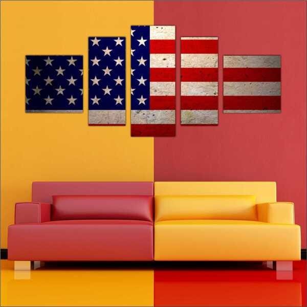 Quadro Decorativo Bandeira Dos Estados Unidos Países Salas Interiores Mosaico 5 Peças Com Moldura - 2