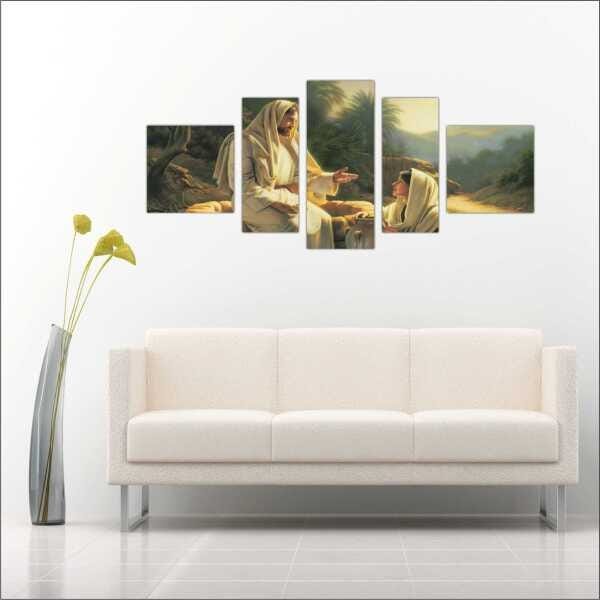 Quadro Decorativo Católicos Jesus Cristo Religião Salas Interiores Mosaico 5 Peças Com Moldura - 1