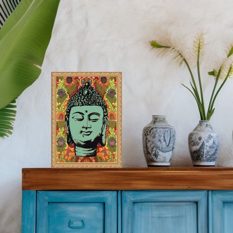Quadro Moldura Dourada Buda Boho Retrô 45x34cm:com Acetato