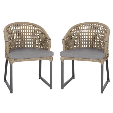 2 Cadeira Noronha Aluminio Micro Pintura Preta, Tr. Telinha Corda Nautica Rami, Estofado - Grafite