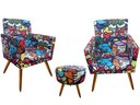 Ver imagem 1 de Kit 2 Poltronas Decorativa Nina + Puff Redondo Suede Romero Gato Pés Madeira Ms Decor