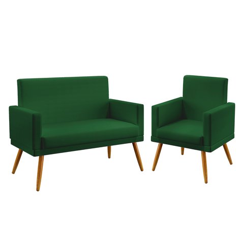 Kit Poltrona Namoradeira e Poltrona Vega com Rodapé Suede Verde Aradecor