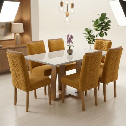 Conjunto Mesa 6 Cadeiras Hamburgo com Pegador Plus Mesa de Jantar Moderna para Sala e Cozinha-Mel