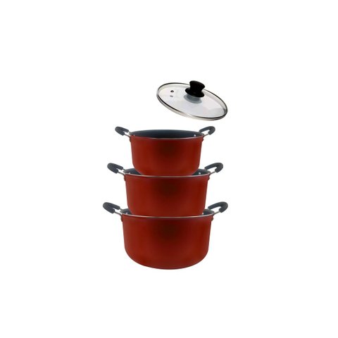 Kit 3 Caçarolas Grande Dona Chefa Antiaderente 24cm 26cm e 30cm Com Tampa de Vidro Vermelha