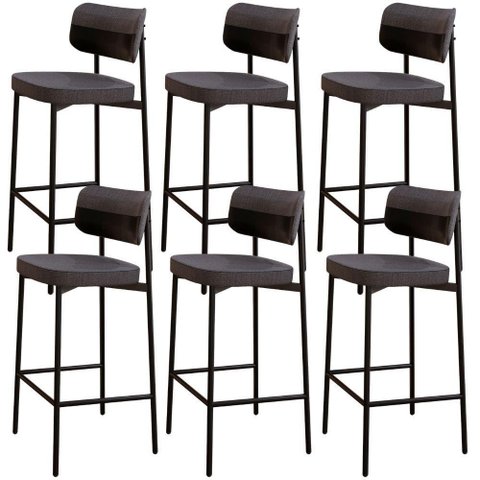 Kit 06 Banquetas Alta Bar Cozinha Sala de Jantar Aço Preto Kaira C01 Linho Preto Courino Preto -