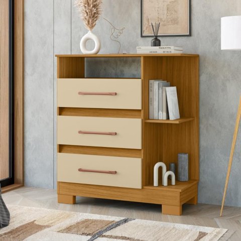 Comoda 3 Gavetas Mdp Multiuso com Nichos para Quarto
