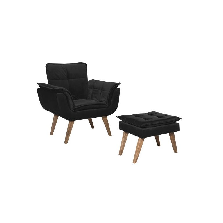 Poltrona Opala com Puff Luxo Tecido Liso Cor Preto