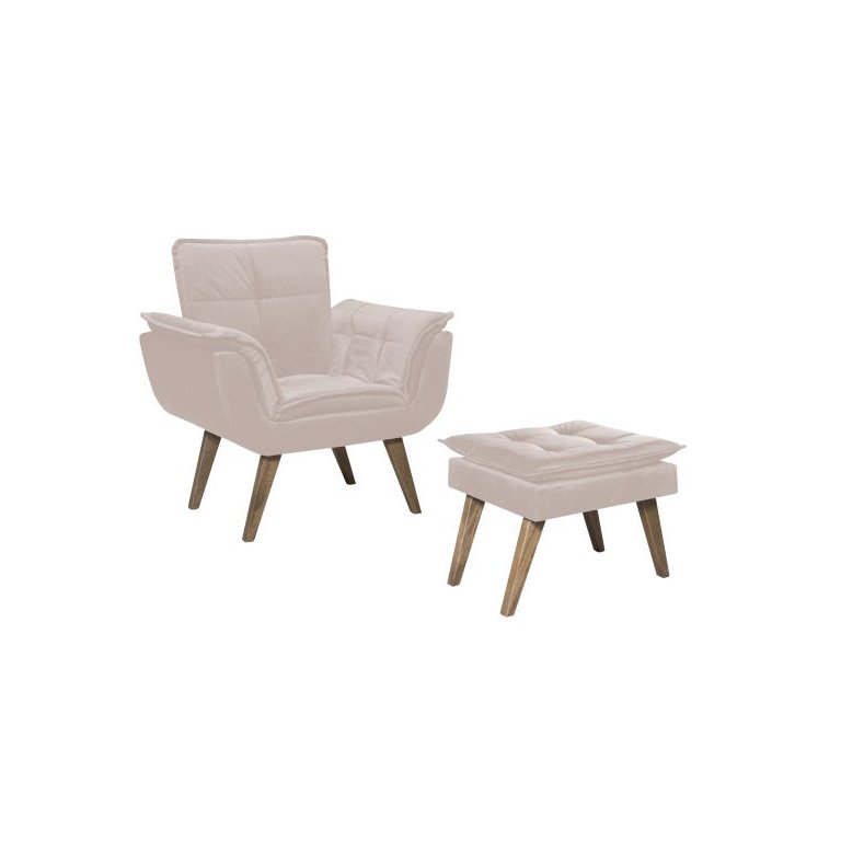 Poltrona Opala com Puff Luxo Tecido Liso Cor Bege