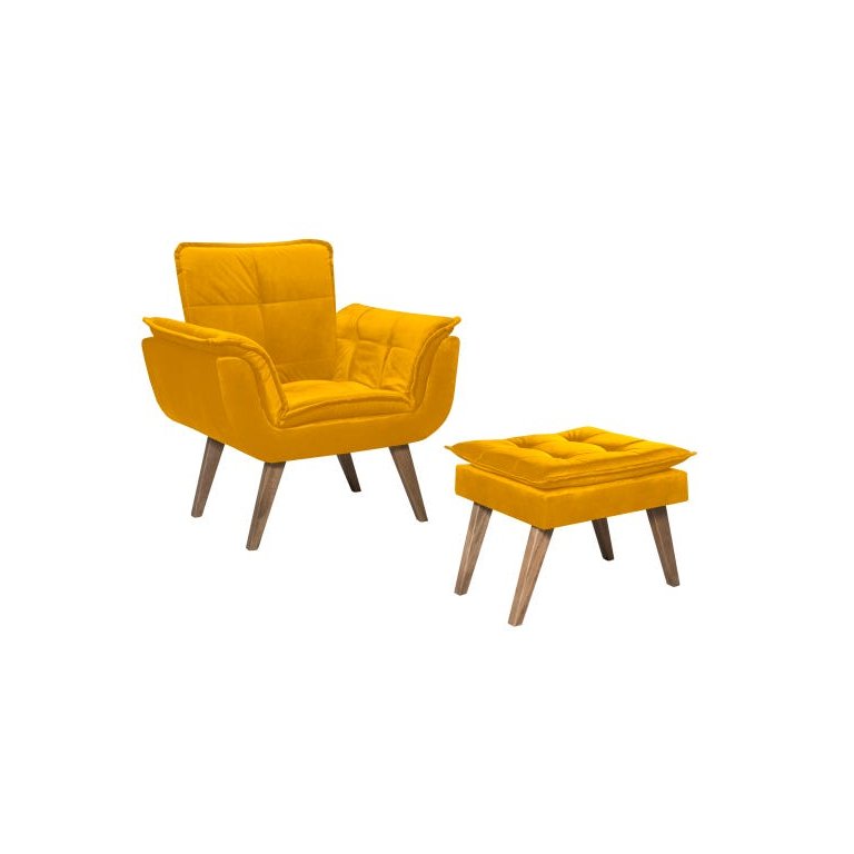 Poltrona Opala com Puff Luxo Tecido Liso Cor Amarelo