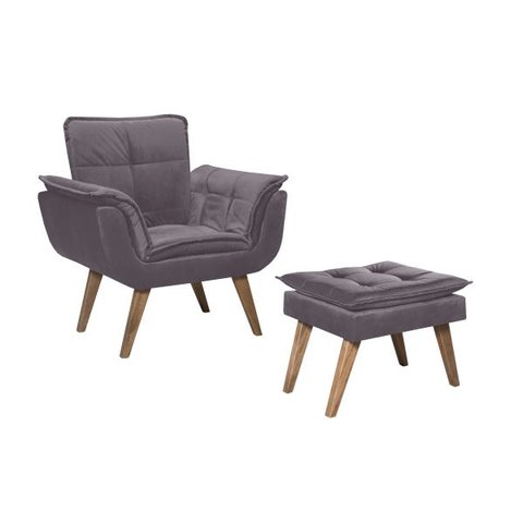 Poltrona Opala com Puff Luxo Tecido Liso Cor Grafite