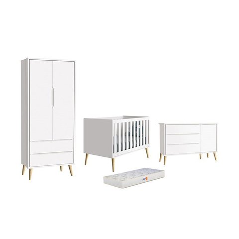 Dormitório Theo 2 Portas, Cômoda com Porta Branco com Pés Madeira Natural e Colchão D18 - Reller Móv