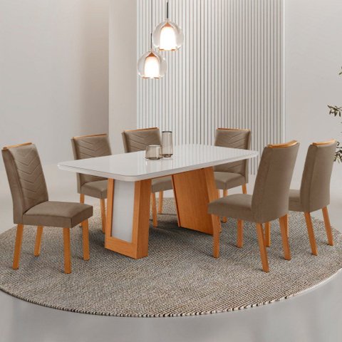 Mesa de Jantar Carolina Tampo 180cm MDF com Vidro Canto Copo e 6 Cadeiras Liz