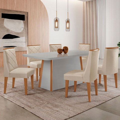 Mesa de Jantar Diane 180cm Tampo Mdf Vidro com 6 Cadeiras Isadora Moderna Mobília