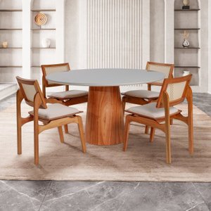Conjunto Mesa com 4 Cadeiras de Madeira Maciça Rattan Natural e Estofada Daren Espresso Móveis