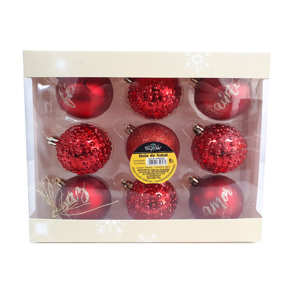 Kit de Bolas de Natal Decoradas 9 Peças Wincy Ref.85003:Vermelho