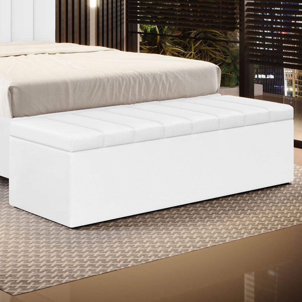 Calçadeira Baú Navi 160 para Cama Queen A-013 Couro Branco Aradecor