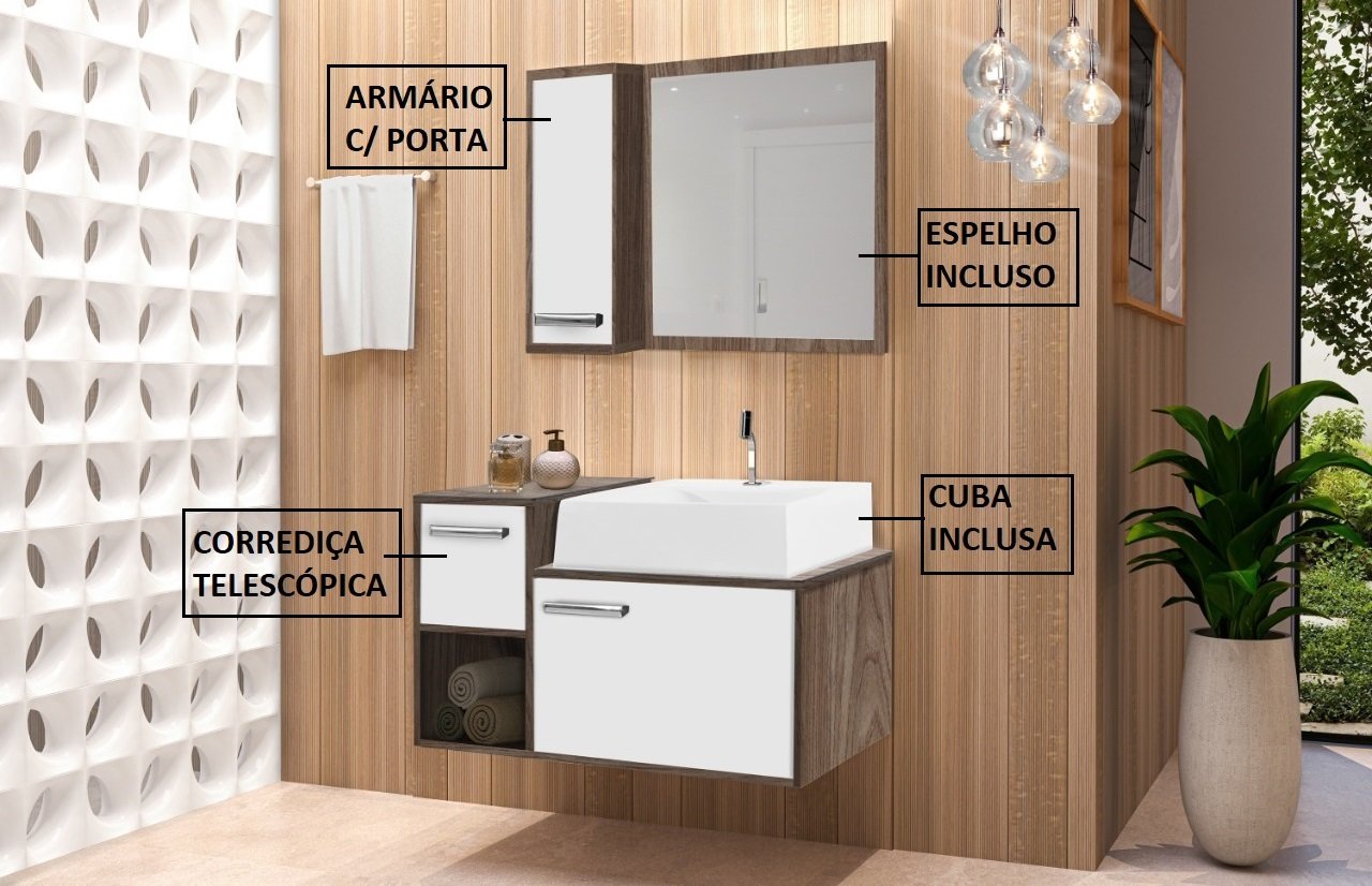 Conjunto Gabinete Banheiro c/ Espelho e Armário - CJ Viena 60 Carvalho / Branco - 2