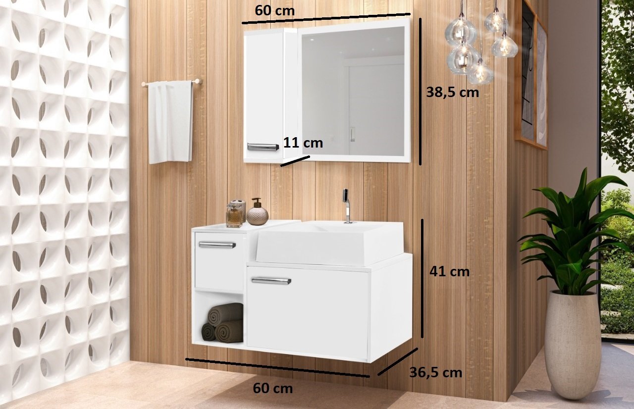 Conjunto Gabinete Banheiro c/ Espelho e Armário - CJ Viena 60 Branco - 3