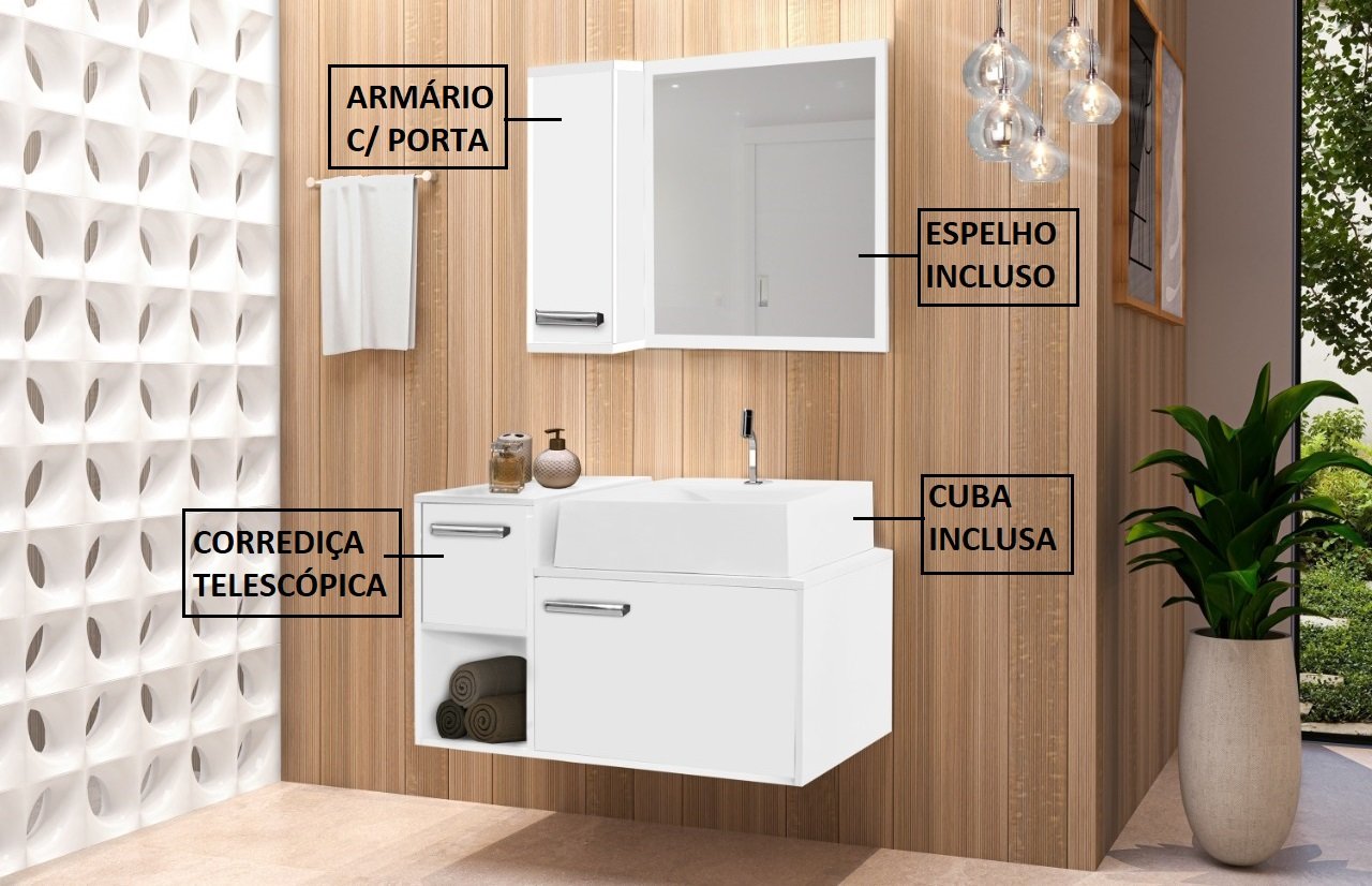 Conjunto Gabinete Banheiro c/ Espelho e Armário - CJ Viena 60 Branco - 2