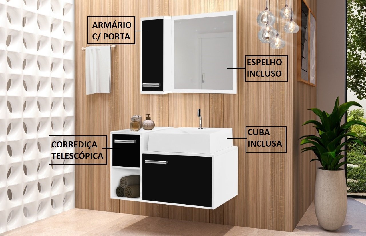 Conjunto Gabinete Banheiro c/ Espelho e Armário - CJ Viena 60 Branco / Preto - 2