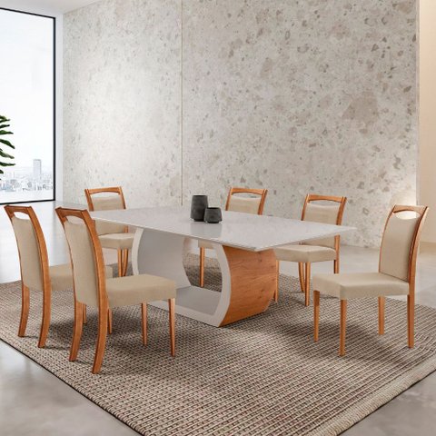 Mesa Ellis 180cm Tampo Laqueado com Vidro com 6 Cadeiras Munique