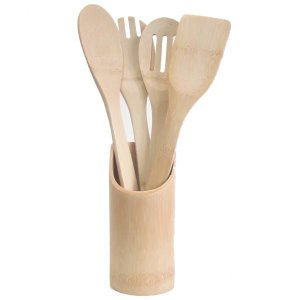 Conjunto de Colher em Bambu com Suporte - 5 Peças - Lojas Carisma