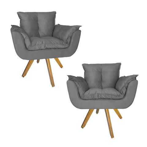 Jogo 2 Poltrona Estofada Base Giratória De Madeira Escritório Opala Suede Cinza - LM DECOR
